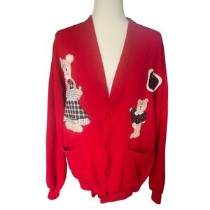 Vintage Teddy Bear Applique Red Button-Up Cardigan OS